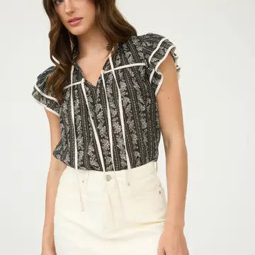 Stripe Floral Tie Front Ruffle Top