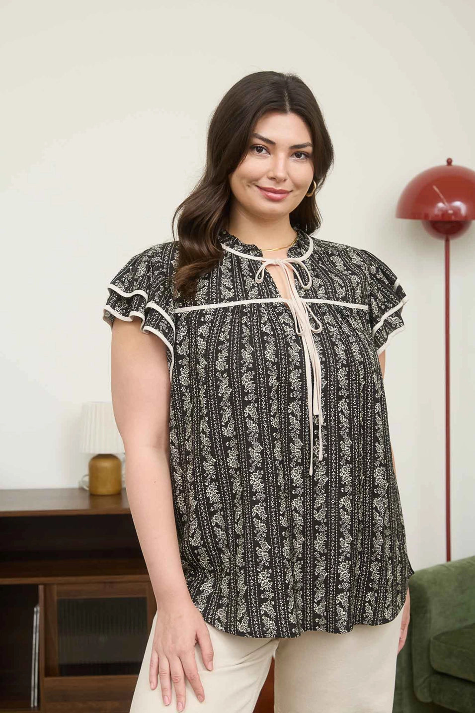 Stripe Floral Tie Front Ruffle Top