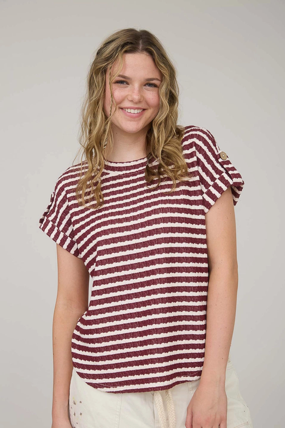Stripe Textured Knit Short Tab Sleeve Knit Top