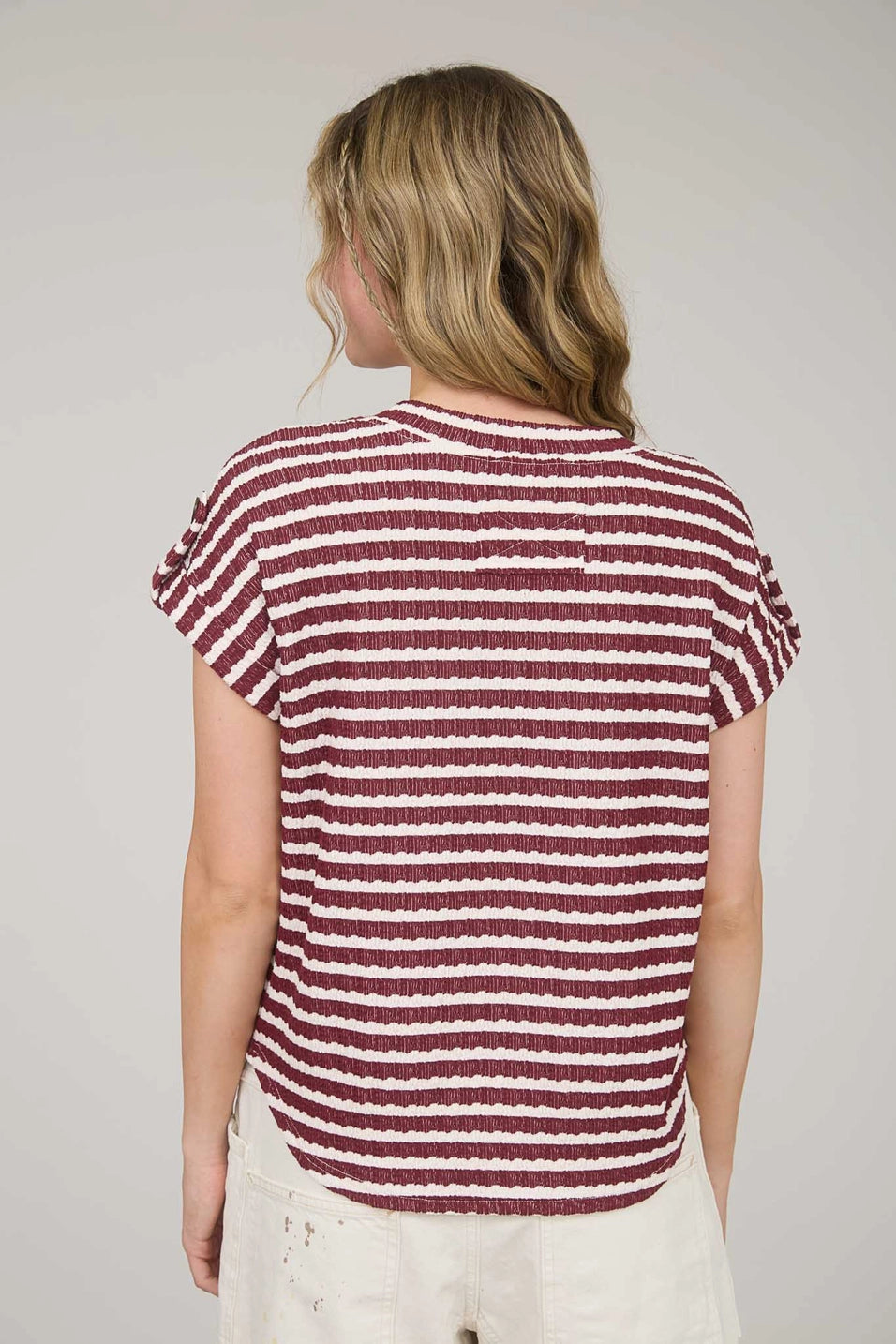 Stripe Textured Knit Short Tab Sleeve Knit Top