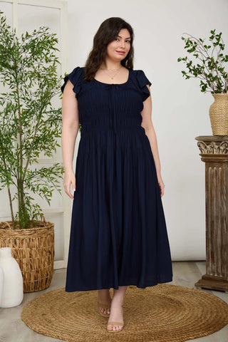 Navy Blue Shirred Bodice Ruffle Short Sleeve Midi Dress