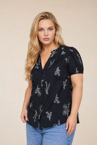 Floral Line Print Button Short Sleeve Top