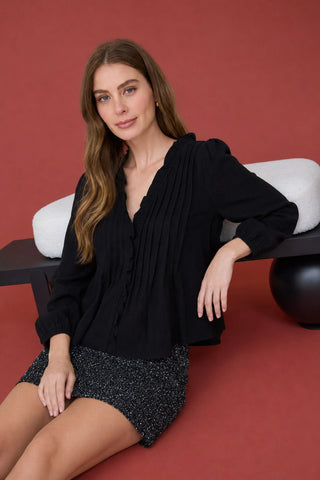 3/4 Sleeve Ruffle Trim Pintuck Top