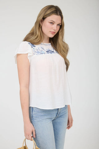 Floral Embroidery Flounce Sleeve Top