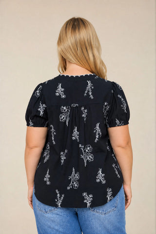 Floral Line Print Button Short Sleeve Top