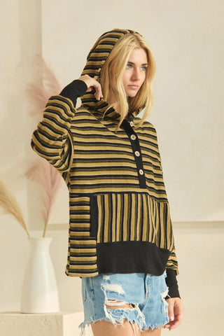 Textured striped jacquard hooded sweatshirt.