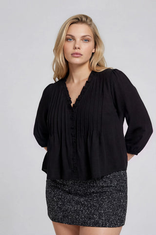 3/4 Sleeve Ruffle Trim Pintuck Top