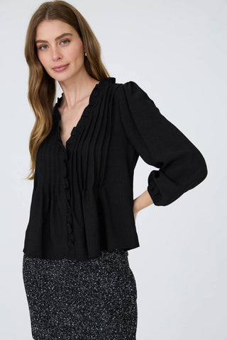 3/4 Sleeve Ruffle Trim Pintuck Top