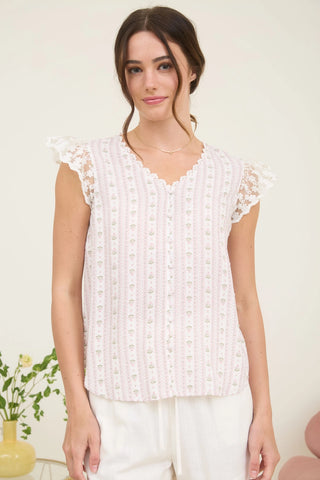 Stripe Floral V Neck Lace Trim Top