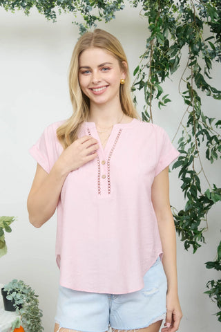 Half Button Lace Trim Woven Top