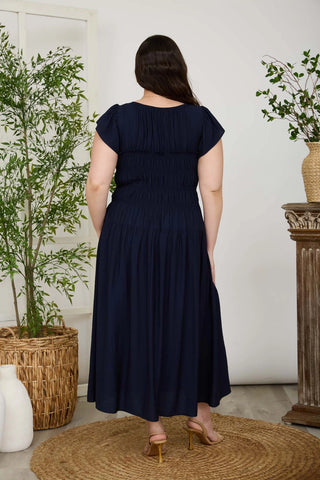 Shirred Bodice Ruffle Sleeve Midi Dress