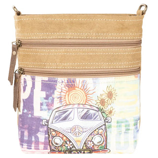 Beige crossbody bag with a colorful design of a van and peace sign.