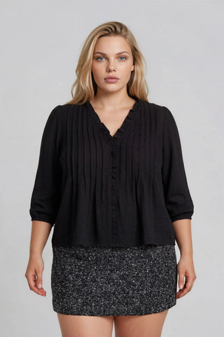 3/4 Sleeve Ruffle Trim Pintuck Top