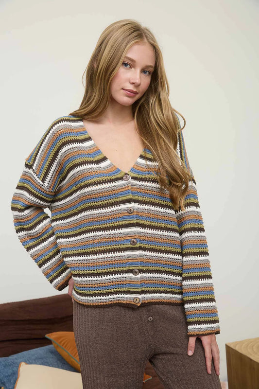 Multicolor Striped V Neck Cardigan