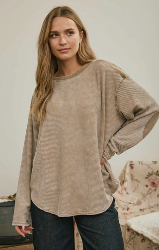 Boxy Textured Long Sleeve Washed Knit Top