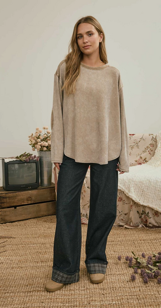Boxy Textured Long Sleeve Washed Knit Top
