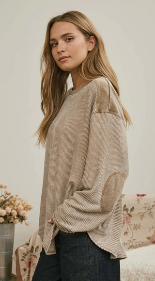 Boxy Textured Long Sleeve Washed Knit Top