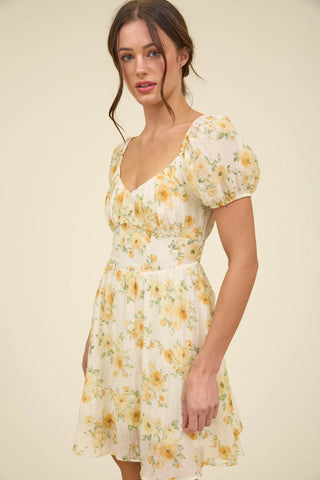 FLORAL CORSET DETAIL BACK TIE MINI DRESS