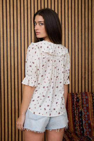 Floral Ruffled V Neck Top