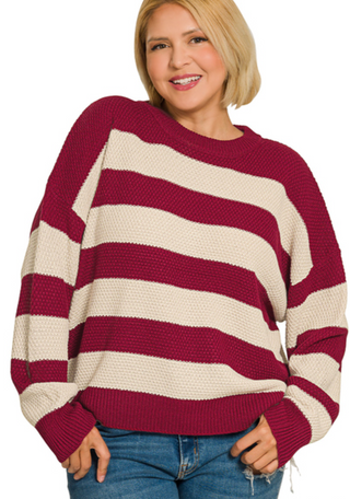 100% Acrylic — soft, easy-care, and season-ready Drop shoulder sweater
Drop shoulder fit for that effortlessly relaxed look
Rich wine &amp; cream stripe pattern
