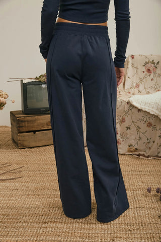 Elastic Waist Wide Leg Knit Pants in Navy