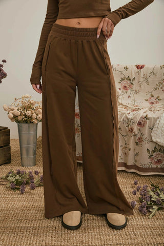 Elastic Waist Wide Leg Pants-Brown