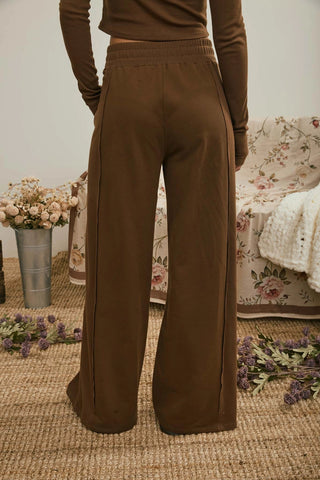 Elastic Waist Wide Leg Pants-Brown