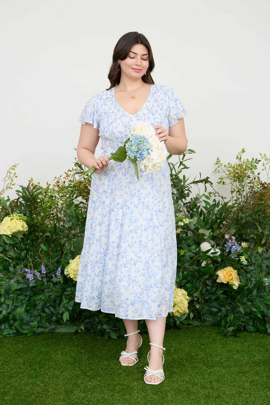 Floral V Neck Short Sleeve Midi Dress