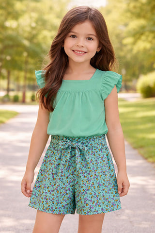 This fresh mint 2-piece set is everything she needs for a sunny day out. The breezy square neckline top with flutter sleeves pairs perfectly with the floral-print shorts for an effortlessly put-together look she'll love wearing.