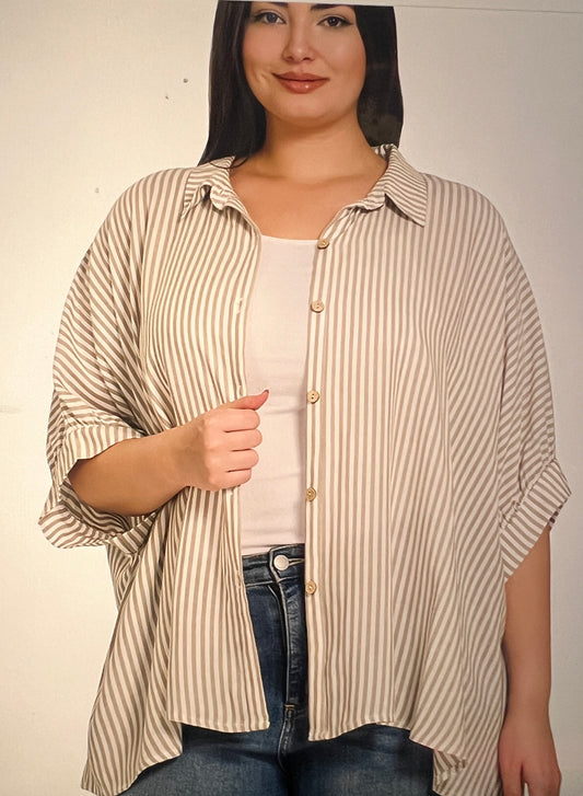 Plus Rayon Striped Short Sleeve Button Up Shirt