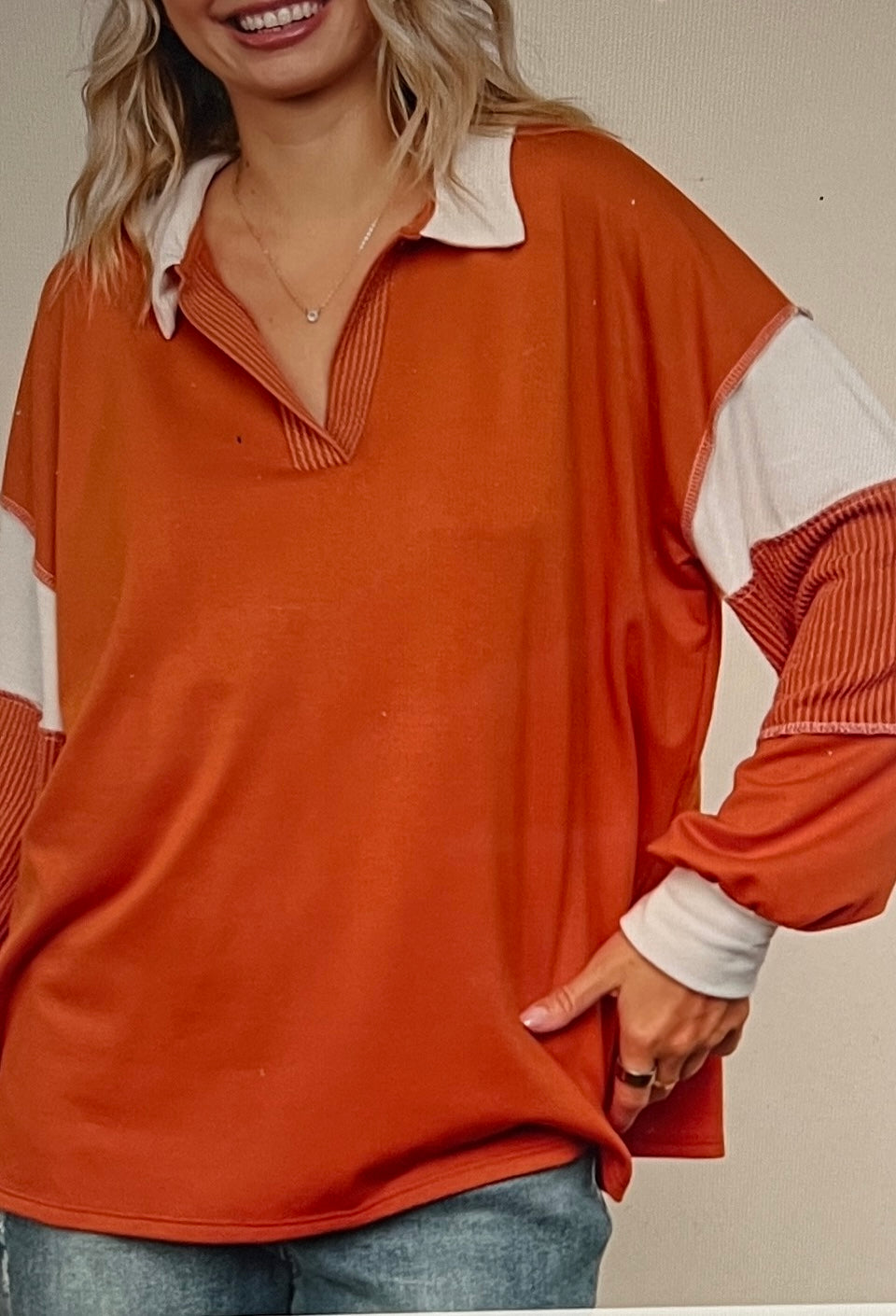 V Neck Color Block Long Sleeve