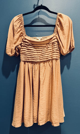 Pleated Short Puff Sleeve Mini Dress