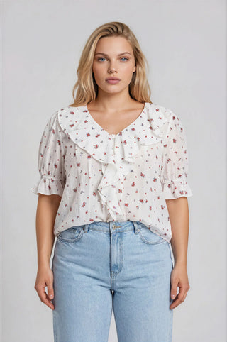 Floral Ruffled V Neck Top