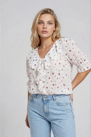 Floral Ruffled V Neck Top