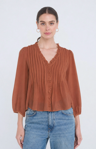Ruffle Trim Pintuck Detail Blouse