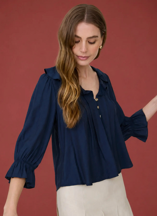 3/4 sleeve Button down Functional buttons Front pintuck detail Not lined Lightweight fabric Solid Woven top