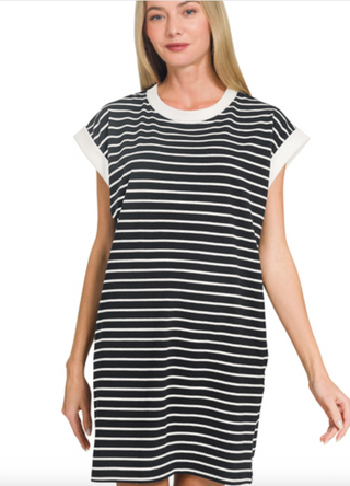 Contrast Trim Striped T-Shirt Dress w/Pockets