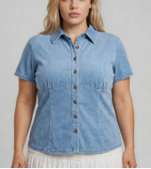 Collared Denim Cinched Waist Top