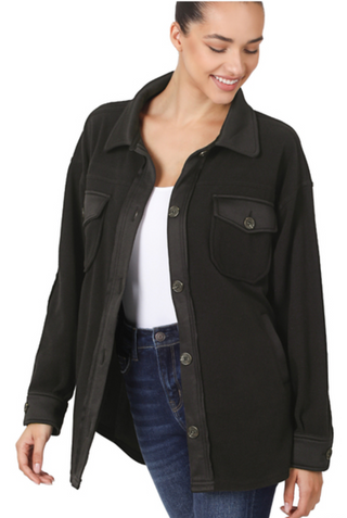 oversized shacket for fall. button up and patch elbow sleeves