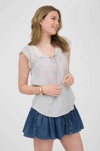 Stripe Lace Front Tie Top in Grey