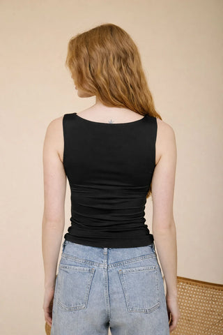 Boat Neck Sleeveless Ruched Knit Top