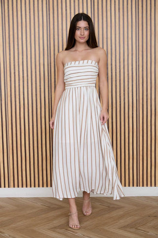 Strapless Stripe Pleated Linen Midi Dress