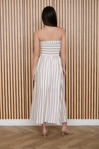 Strapless Stripe Pleated Linen Midi Dress