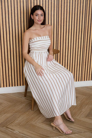 Strapless Stripe Pleated Linen Midi Dress