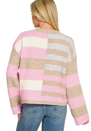 Lightweight Wool Blend Color Block Sweater