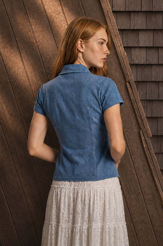 Collared Denim Cinched Waist Top