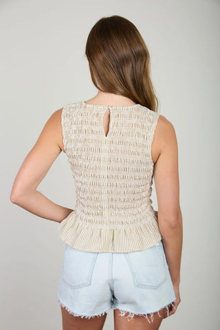 Stripe Sleeveless Smocked Blouse in Khaki