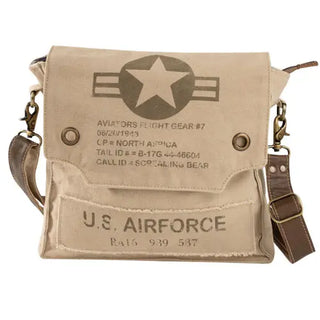Beige U.S. Airforce bag with star emblem made from repurposed military canvas tents.