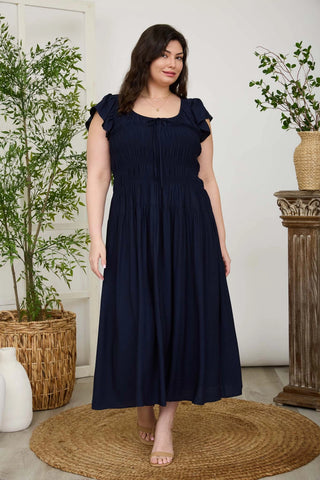 Shirred Bodice Ruffle Sleeve Midi Dress