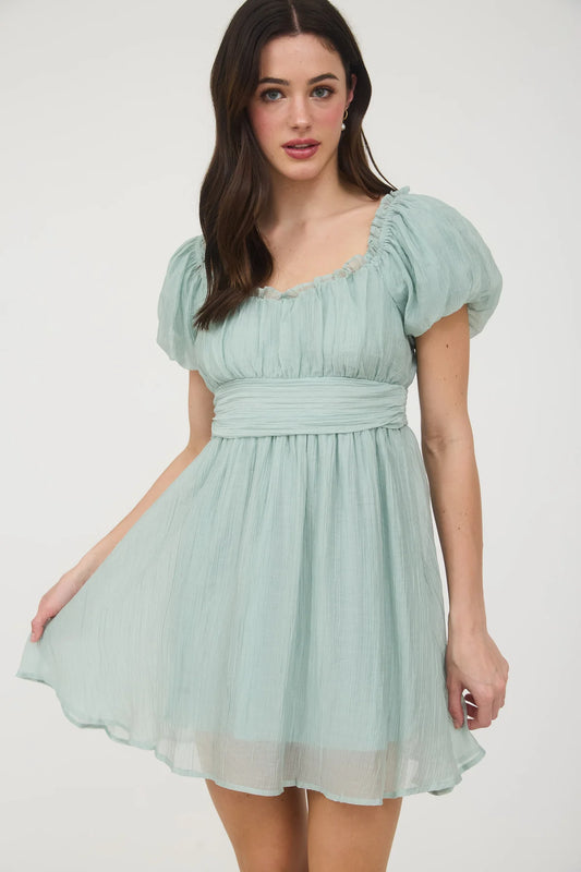 BALLOON SLEEVE RUFFLE TRIM BACK LACE UP MINI DRESS